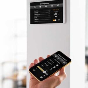 person using smartphone his automated home